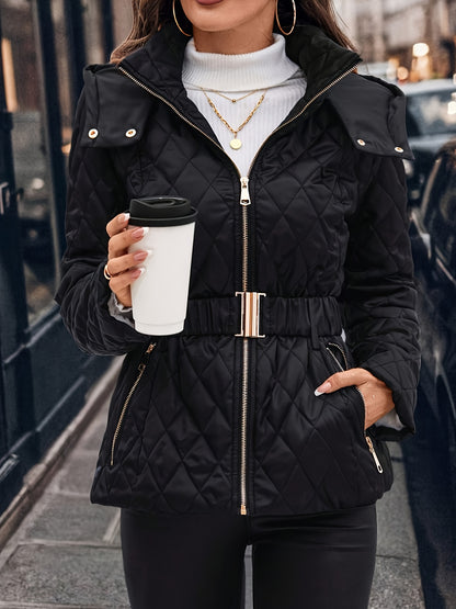 Women'S Winter Jacket - Waist-Cinching Coat with Adjustable Belt, Long Sleeve Cold Weather Outerwear, Elegant Black Outerwear for Everyday & Formal Events, Non-Bulky Warmth, Formal Event Attire, Quilted Design, Durable Fabric