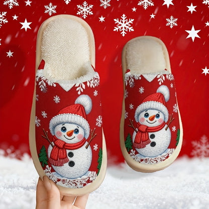 Cozy Fleece-Lined Slip-On Slippers with Snowman & Reindeer Design - Soft Fabric Upper, EVA Sole, Round Toe, Perfect for Fall/Winter, Unisex Couple Matching, Cute Slippers, Winter Footwear, Playful Design, Comfortable Footwear