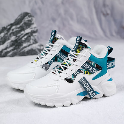 Women's Geometric Waterproof Snow Sneakers, Shock-Resistant Microfiber Upper, Flannel Lined, EVA Sole, Autumn & Winter High-Top Plush Fashion Shoes from Quanzhou
