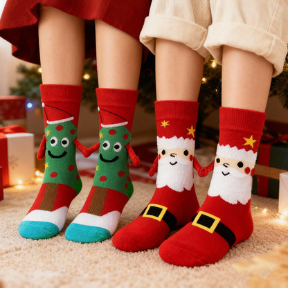 2-Pack Christmas Magnetic Holding Socks Women's Mid-Calf Socks(Tree, Santa) Winter Cute Couple Socks Unisex Meets Xmas, Halloween wear, warmth& gifting needs Magnetic, versatile Suitable for Xmas costumes, Halloween looks, wi