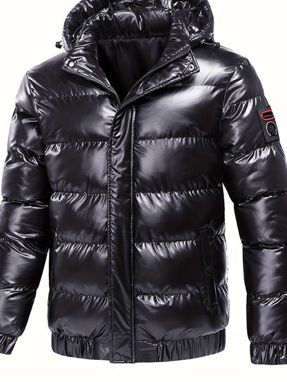 Men's Black Glossy Finish Jacket with Hood - Winter Coat, Zippered Pockets, Ribbed Cuffs & Waistband, Hand Wash Only, Regular Fit for Autumn & Cold Weather