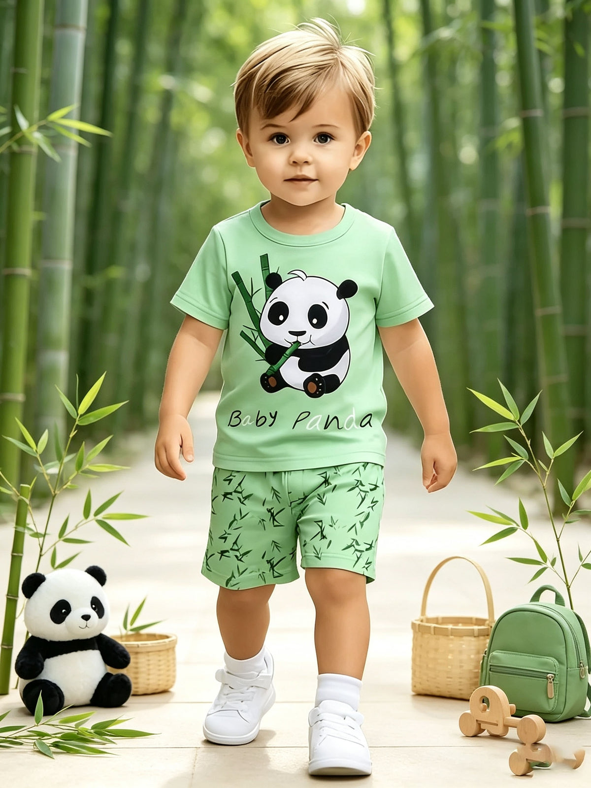 Boys Summer Two-Piece Set with Cute Panda Print - ayq