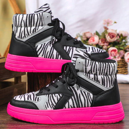 Women'S Winter Zebra Print Hiking Boots - Mid-Top Round Toe PU Cover-like Texture, Soft Comfortable Lace-Up Ankle Support, Pink Sole & Arch Support