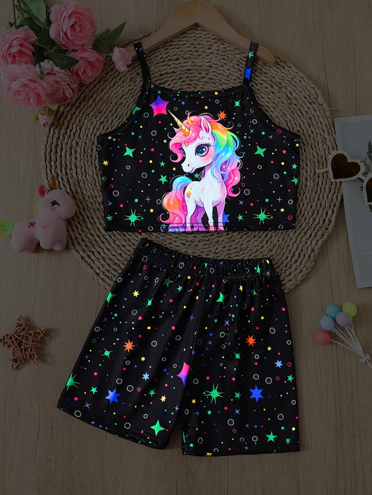 Kids Unicorn Print Tank Top & Star Pattern Shorts Pajama Set