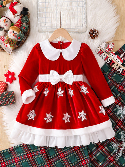 'S Christmas Snowflake Print Dress - Red & White Holiday Party Outfit with Flared Skirt, Long Formal dress for Christmas, New Year's, Winter - Easy-to-Wear Standalone or Layered Look with Coats/B Jackets - Fall/Winter Clothin