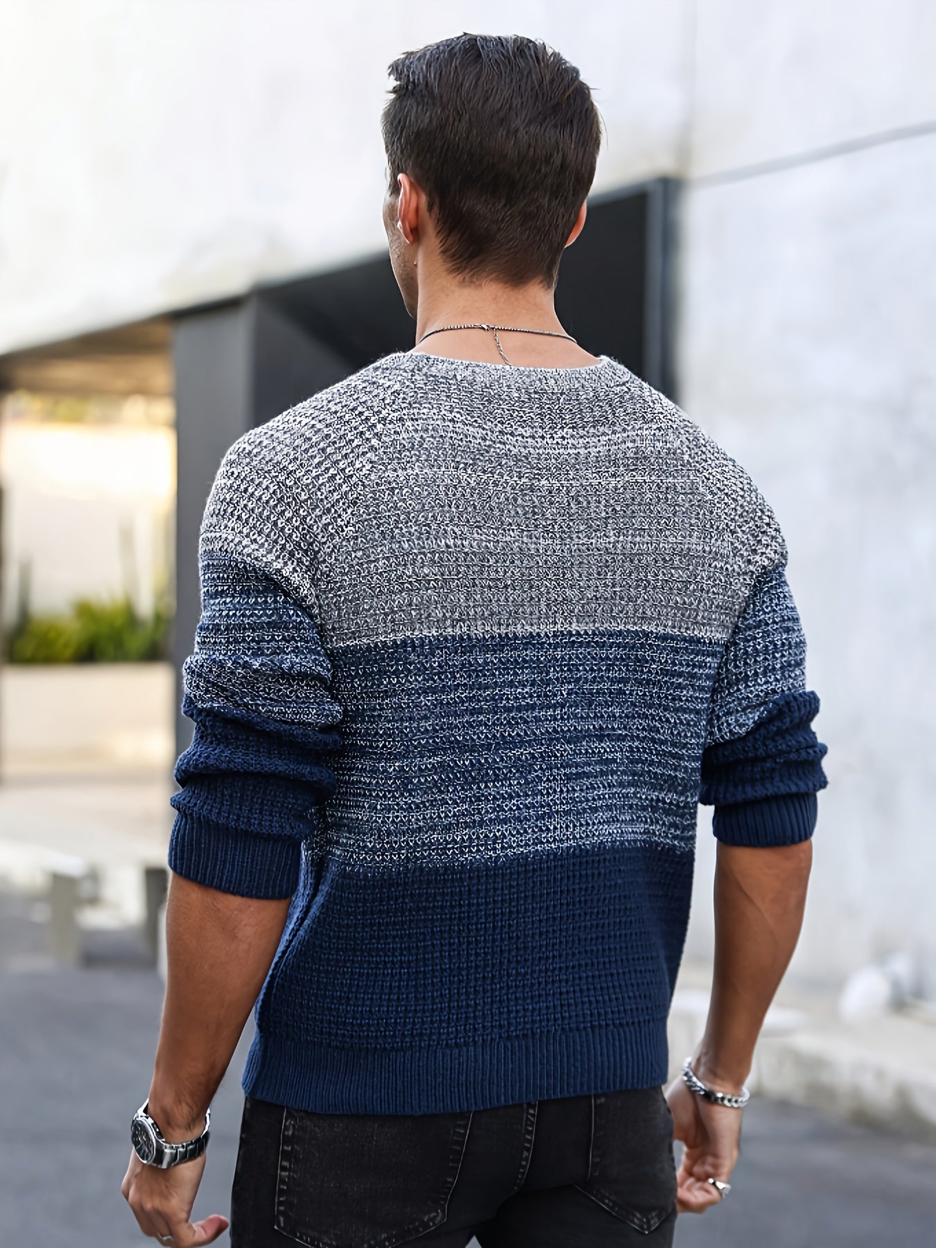 Men's Autumn and Winter Color Block Knit Sweater, Crew Neck Pullover
