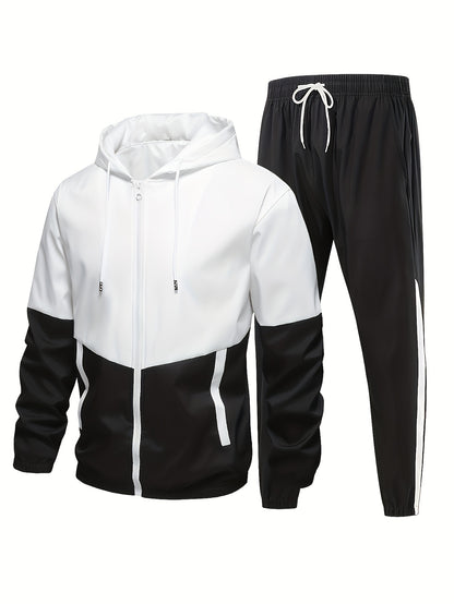 2pcs Men'S Casual Sportswear Set - Color Block Hooded Jacket and Pants, Polyester, Machine Washable, All-Season, with Pockets, Regular Fit, Spring Sportswear|Hooded Sportswear|Machine Washable Fabric