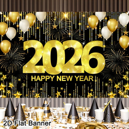 2D Flat, 1pc 2026 Happy New Year Party Backdrop Banner - 80x120cm Polyester Champagne & Cityscape Design, Golden & Purple Fireworks, Festive New Year'S Eve Decor for Home, No Electricity Needed, New Year Decorations, Flag For