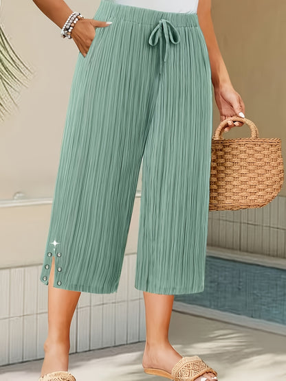 Women’s Wide-Leg Capri Pants with High Waist and Side Buttons