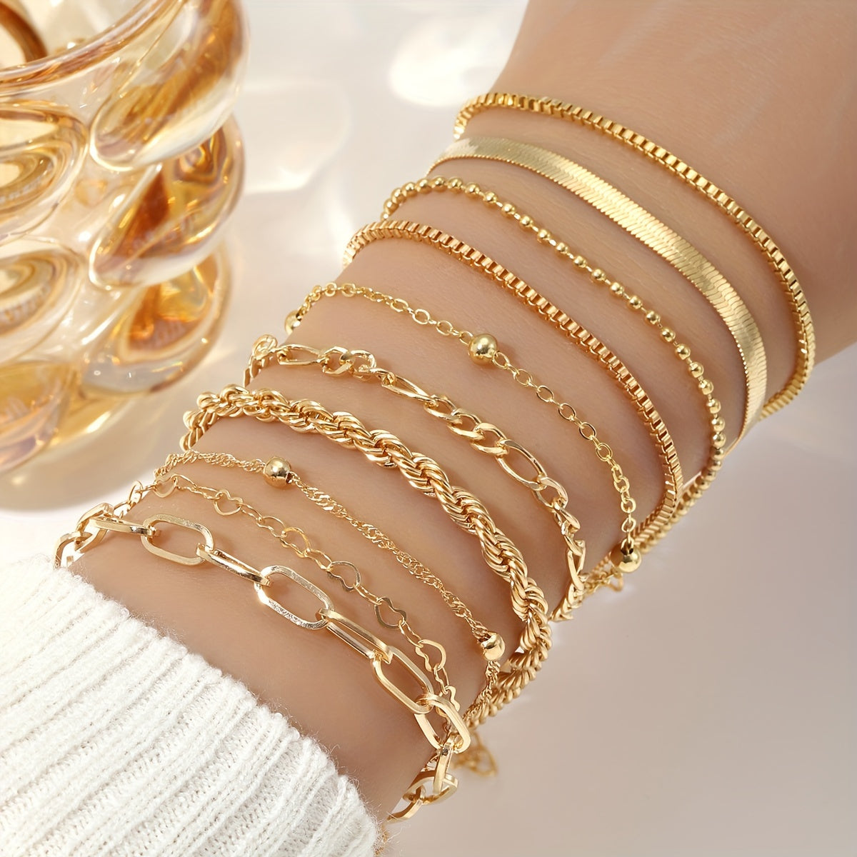 10pcs Elegant Golden Women's Stackable Chain Bracelets