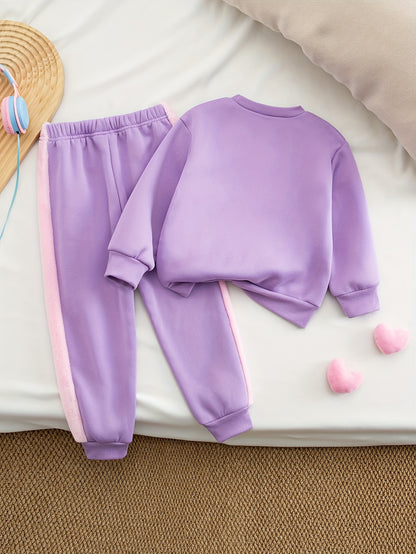 Autumn And Winter Girls' Fashion New Style Simple And Versatile Elegant Heart-Shaped Pattern Splicing Embroidery Bow Decoration Round Neck Long-Sleeved Top + Slim Stretch Leggings Casual Sports Two-Piece Set, Suitable for Out