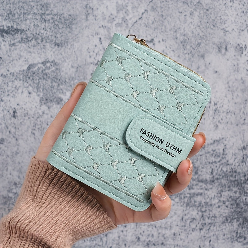 2024 New Style Zippered Foldable Short Wallet, Korean Fashion Embroidered Large Capacity Women'S Clutch Card Holder.