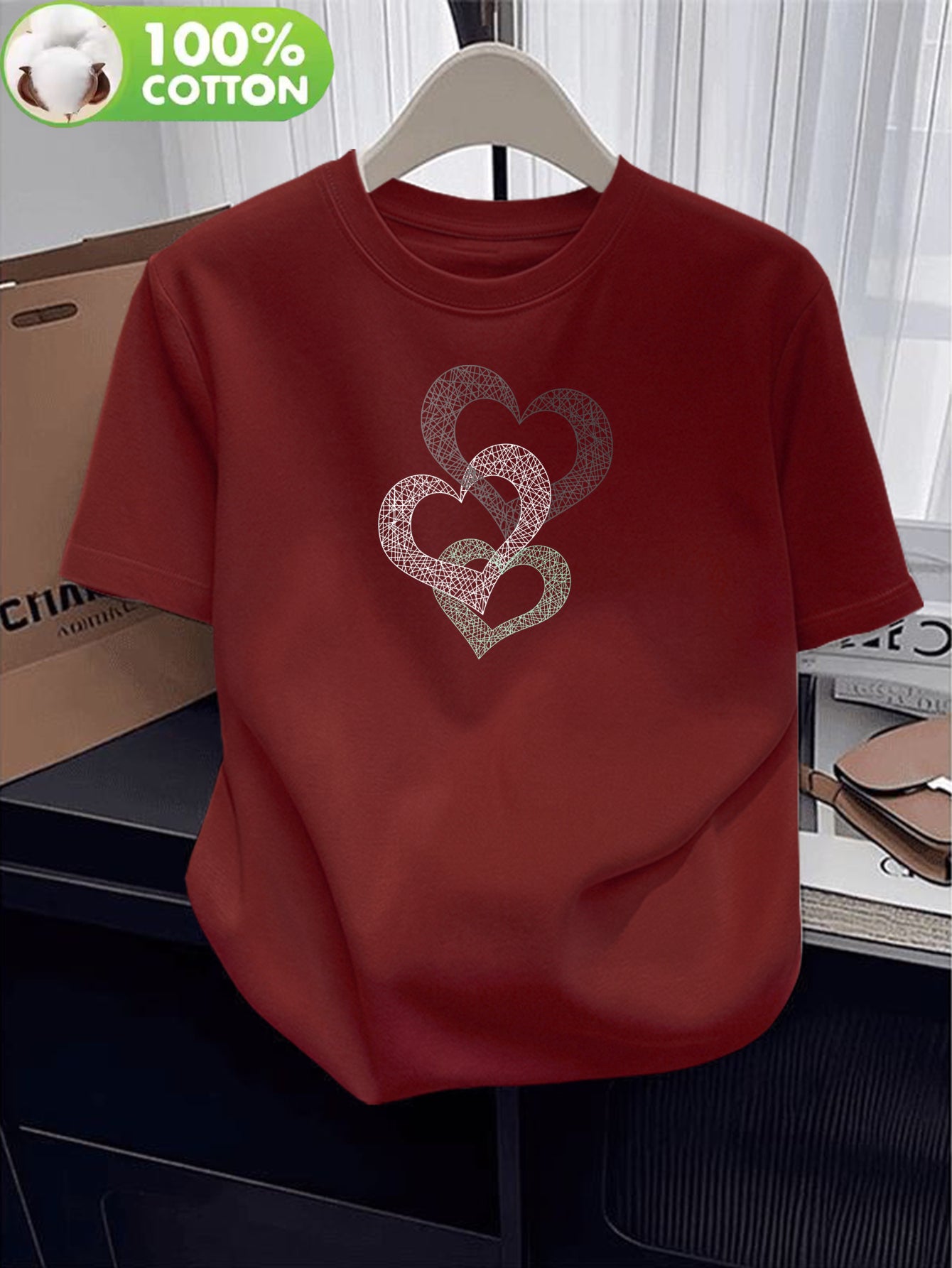 Women’s Cotton Crew Neck T-Shirt with Heart Applique, Casual Fit