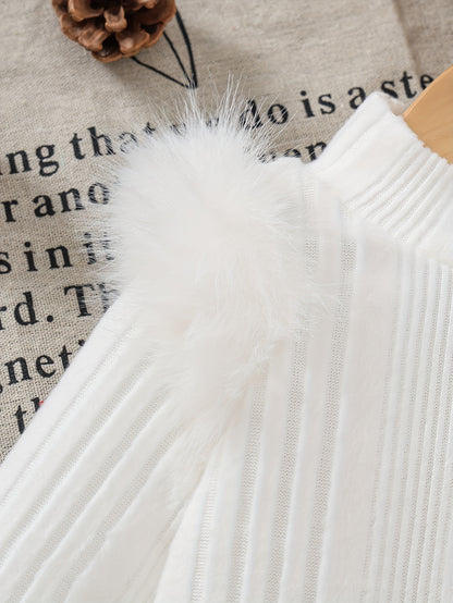 2pcs Baby Winter Outfit Set: Cozy Fluffy Sleeve Smock Dress & A-Line Bow with Collar & Fringe Trim - Soft Warm Clothes for Photoshoots, Christmas (Hand Washable), Perfect for Outdoor