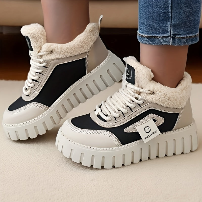 Women'S Winter Warm High-Top Sneakers - Breathable Synthetic, Plush Lined, Durable PVC Sole, Stylish Beige & White Design for Outdoor Casual Wear, Winter Sneakers | Stylish Winter Shoes | Durable PVC Sole, Women Winter Shoes,