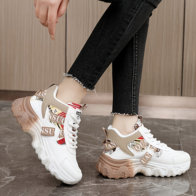 Women's Breathable Lightweight Running Shoes - Trendy Color Block Design with "NO Fear Limits" Print, Casual Athletic Sneakers, Lace-Up Closure, Beige  Red Upper, Rubber Sole, All-Season Wear, Ladies Sneakers, Sporty Lifesty