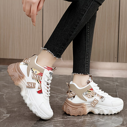 Women's Breathable Lightweight Running Shoes - Trendy Color Block Design with "NO Fear Limits" Print, Casual Athletic Sneakers, Lace-Up Closure, Beige  Red Upper, Rubber Sole, All-Season Wear, Ladies Sneakers, Sporty Lifesty