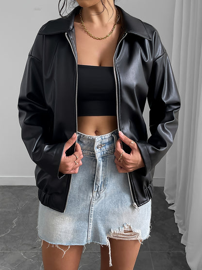 Women's Stylish Black Jacket - Casual Zip-Up with Lapel Collar, Long Sleeves & Side Pockets for Spring/Fall