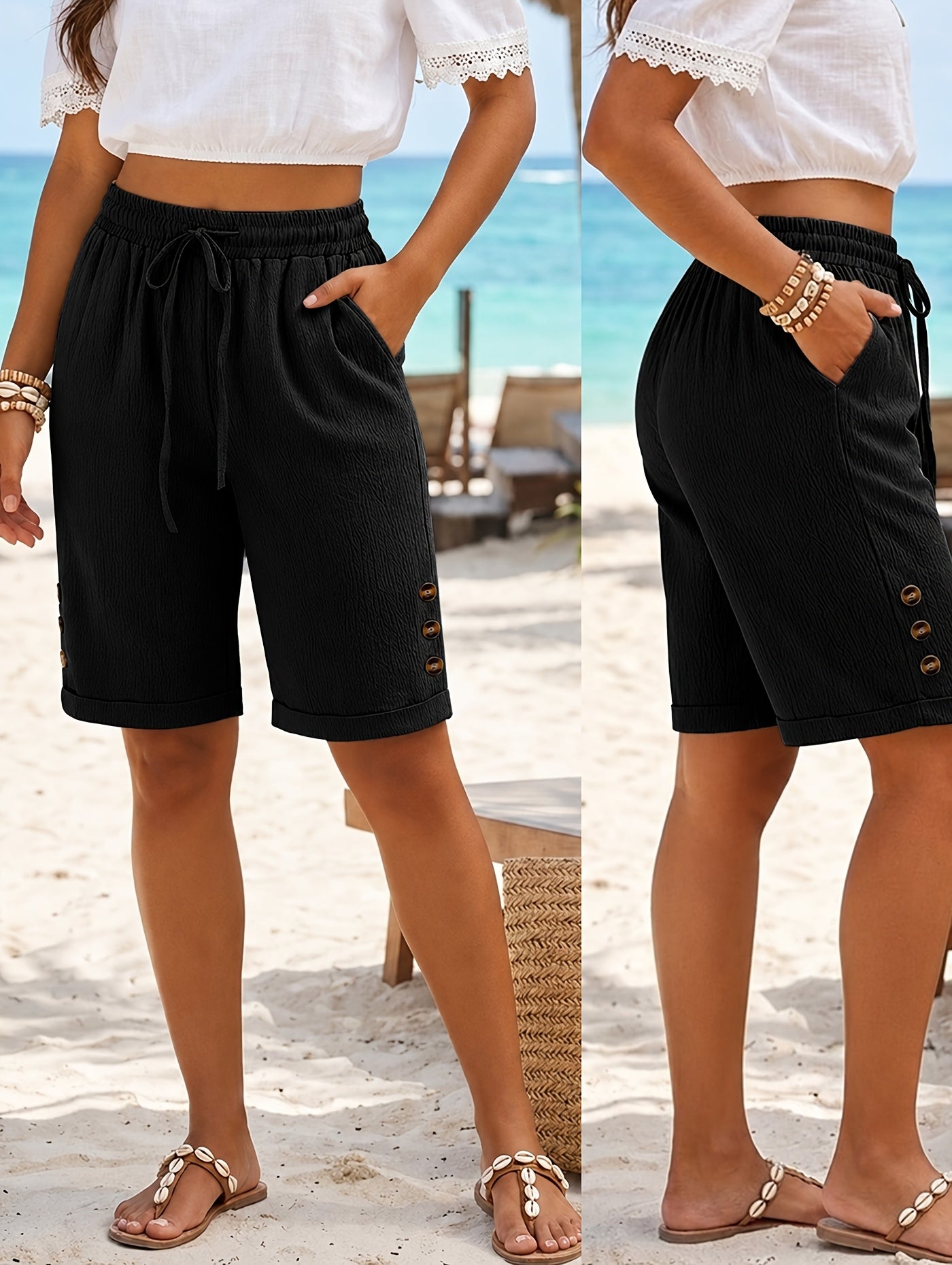 Women's Summer Vacation Solid Color Shorts with Pockets & Drawstring