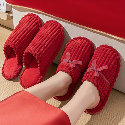 Jialiya Red Festive Simple Slippers - Warm, Versatile Winter Footwear for Women, Perfect for Outdoor Walks and Indoor Home Use, Minimalist and Stylish Design with a touch of Elegance.