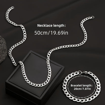 Stainless Steel Men's Jewelry Set, 19.69-inch Cuban Chain, Hip-hop Style Embossed Bracelet, Casual Wear and Holiday Gift - the Perfect Birthday Present