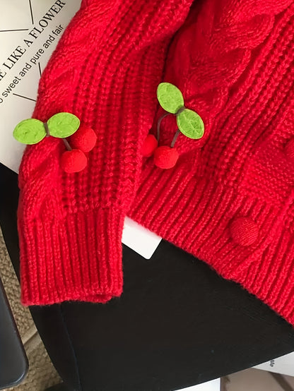 Women'S Purple Cable Cardigan with Cherry & Leaf Embellishments - Cozy Button-Up Sweater for Fall & Winter, Soft & Stylish Design, Perfect for Casual or Holiday Outfits, Winter Cardigan | Cable Cardigan | Buttoned Closure, Sw