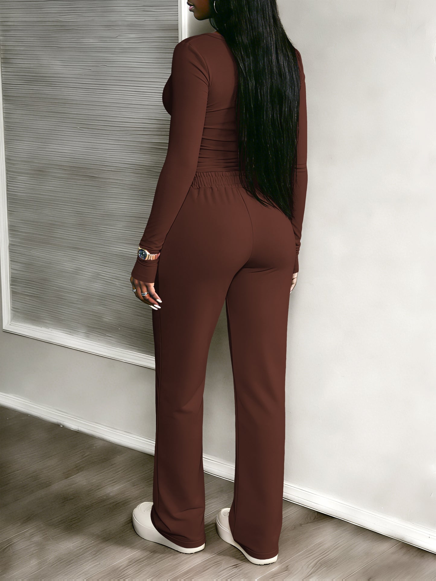A Stylish Two-Piece Outfit That Includes a Snug V-Neck Henley Top And High-Waisted Wide-Leg Pants - ayq