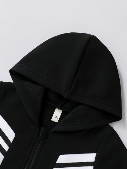 2pcs Boys' New Fashion Hooded Zip-Up Jacket and Pants Set, Black and White Striped Print Trendy Cool Style Outfit for Autumn/Winter, Thickened Sportswear with Pockets, Durable Polyester Fabric, Perfect Gift Choice for Kids, A