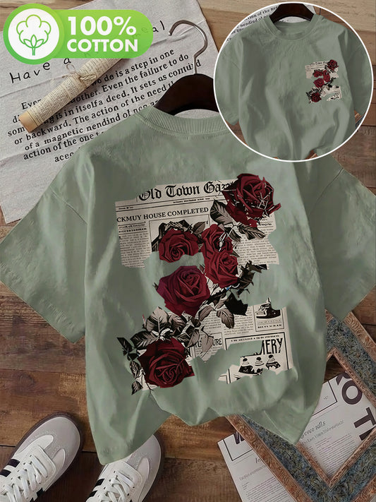 Women's Vintage Double-Sided Print Cotton T-Shirt, Casual Summer Top - ayq
