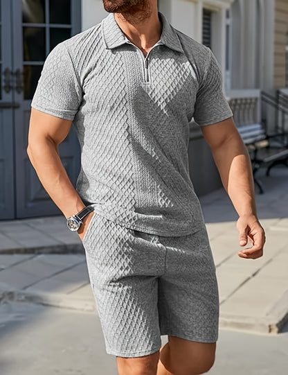Men'S "Claude" Summer Polo Shirt Set - Short Sleeve, Shorts, and Zipper Detailing, Polyester, Casual Style, Casual Attire|Short Sleeve Shirt|Polyester Fabri