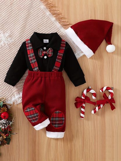 Boys' Turtleneck Long Sleeve Hoodie + Waffle Knit Spliced Suspender Pants + Hat 3pcs Set, Perfect for Outdoor