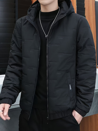 Men's Winter Windproof Thickened Warm College Style Zip-Up Hooded Jacket with Pockets, Casual and Sporty, Machine Washable - Solid Color Suitable for Hiking and Outdoor Activities