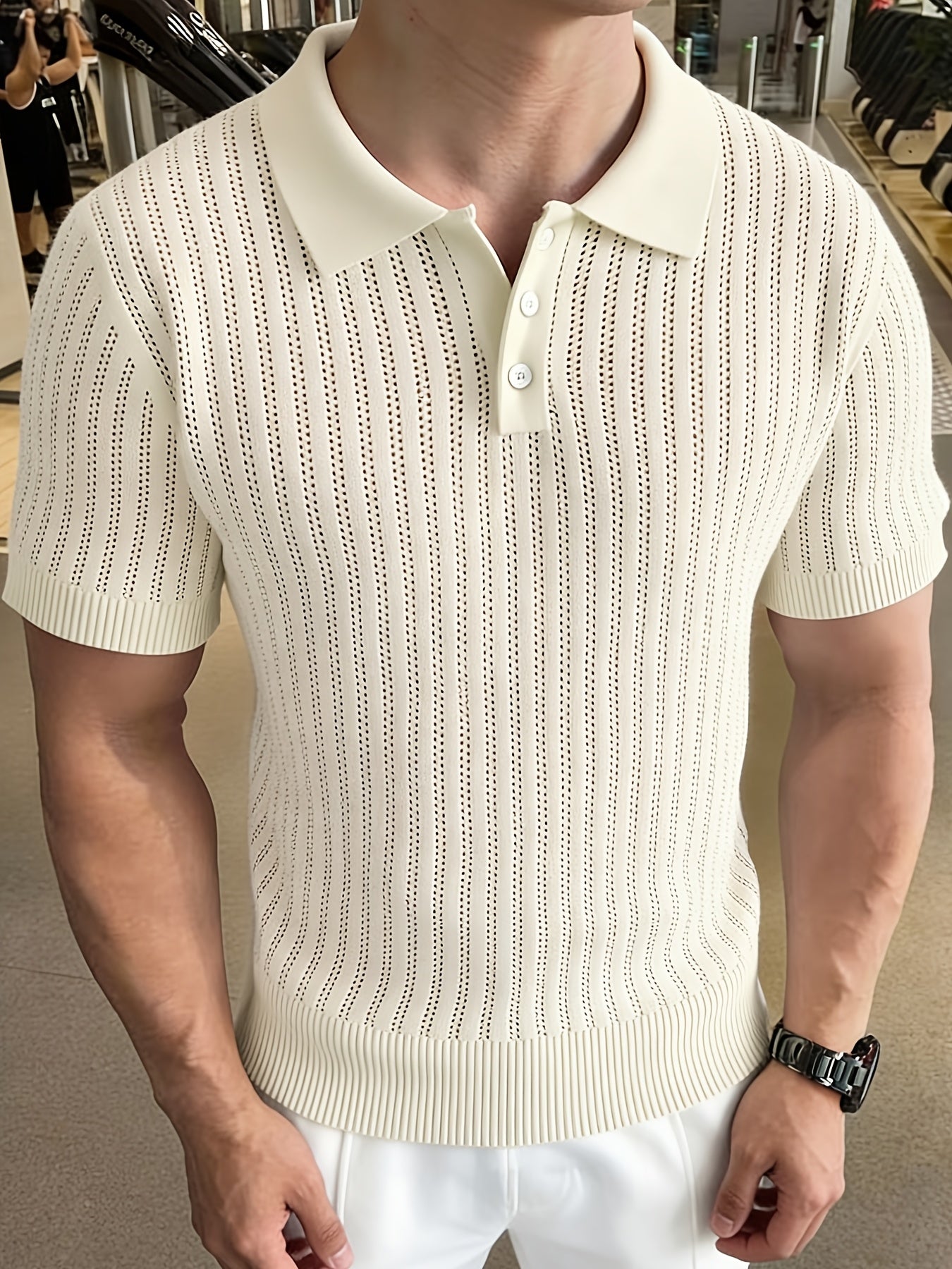 Men'S Summer Knitted Polo Shirt | Breathable Striped Design, Casual Lapel Collar, Short Sleeves, Three-Button Closure, Slim Fit, Ideal For Business Casual And Travel - ayq