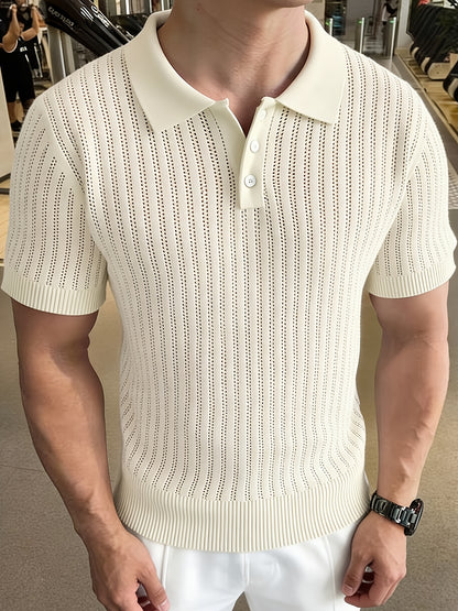 Men'S Summer Knitted Polo Shirt | Breathable Striped Design, Casual Lapel Collar, Short Sleeves, Three-Button Closure, Slim Fit, Ideal For Business Casual And Travel - ayq