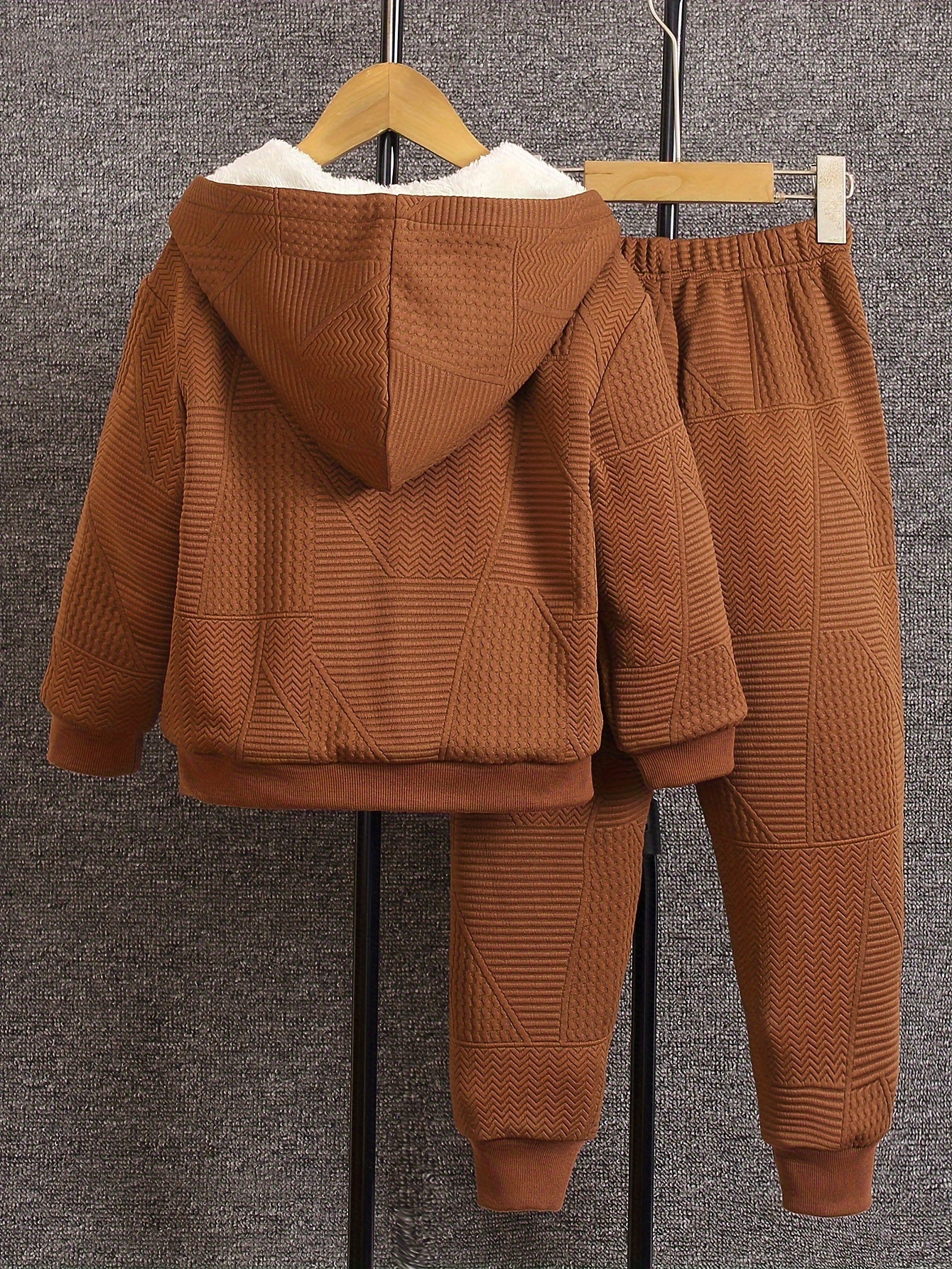 Cozy Fleece Zip-Up Hoodie & Pants Set - Beige Geometric Pattern, Long Sleeve Casual Winter Outfit with Pockets, Elastic Waistband, and Button-Up Front, Perfect for Fall/Winter, Cozy Clothing | Playful Design | Elastic Waistba