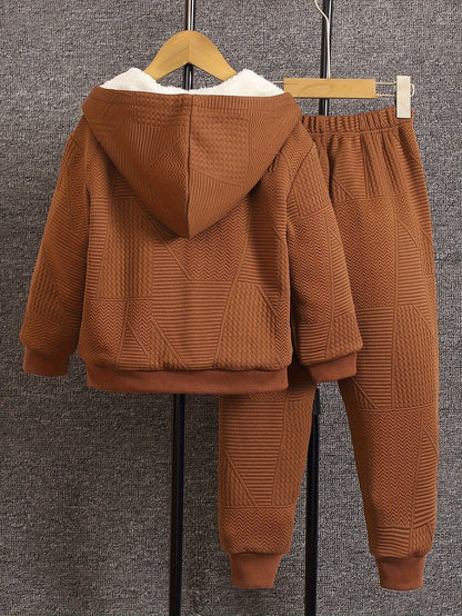 Cozy Fleece Zip-Up Hoodie & Pants Set - Beige Geometric Pattern, Long Sleeve Casual Winter Outfit with Pockets, Elastic Waistband, and Button-Up Front, Perfect for Fall/Winter, Cozy Clothing | Playful Design | Elastic Waistba