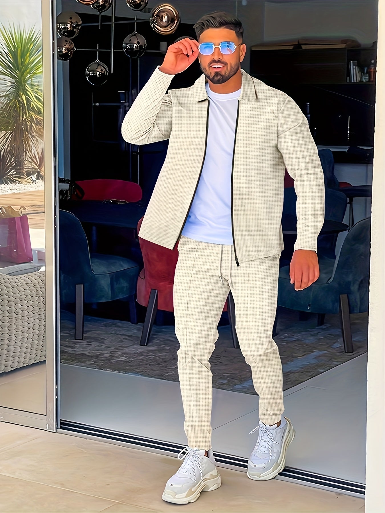 Men's Waffle Collar Suit Fashion Zipper Cardigan Casual Set
