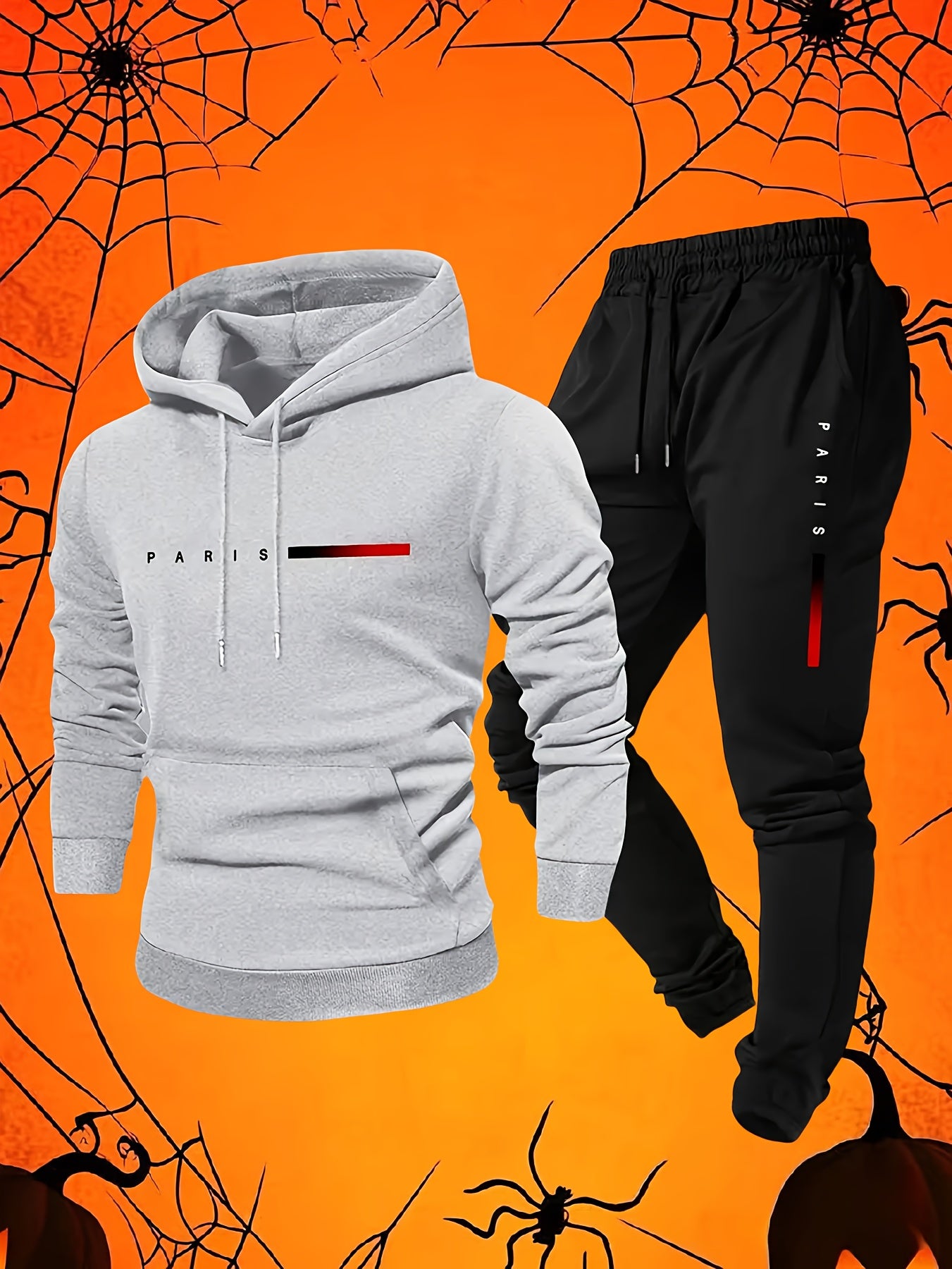 Halloween Men'S Hoodie with PARIS Lettering And Drawstring Sweatpants Set, a Must-Have Outfit for Autumn And Winter, Perfect for Everyday Outdoor Wear
