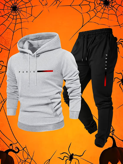 Halloween Men'S Hoodie with PARIS Lettering And Drawstring Sweatpants Set, a Must-Have Outfit for Autumn And Winter, Perfect for Everyday Outdoor Wear