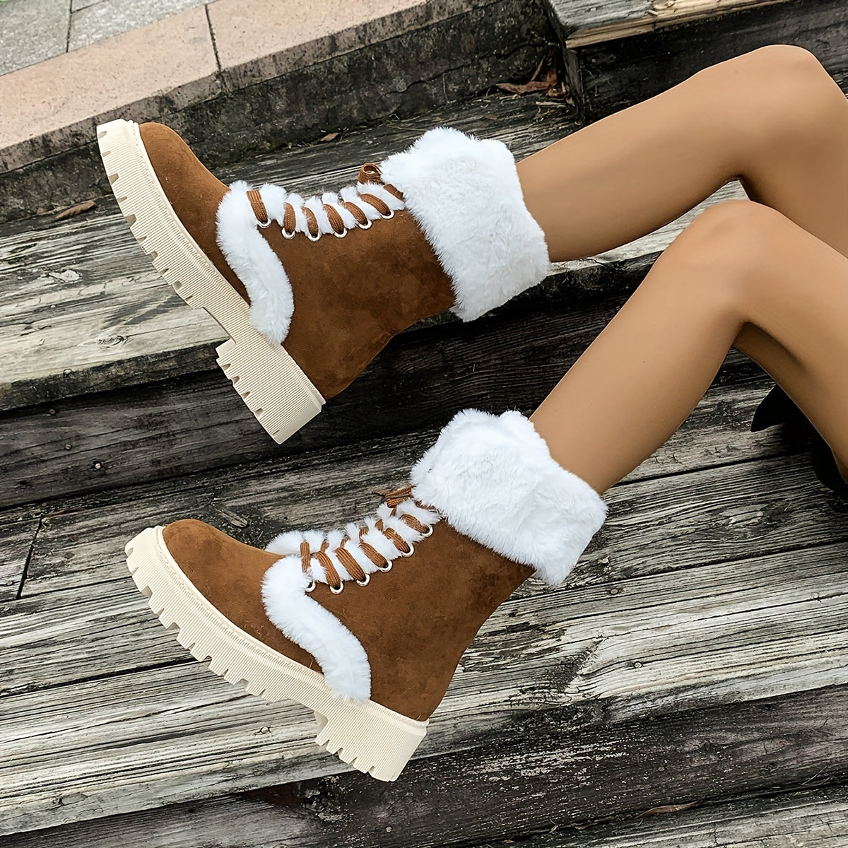 Women's Cozy Fleece-Lined Winter Boots - Mid-Calf Lace-Up with Thick Faux Fur Trim, Round Toe & Chunky Heel in Brown or Black, Perfect for Cold Weather Comfort, Winter Boots
