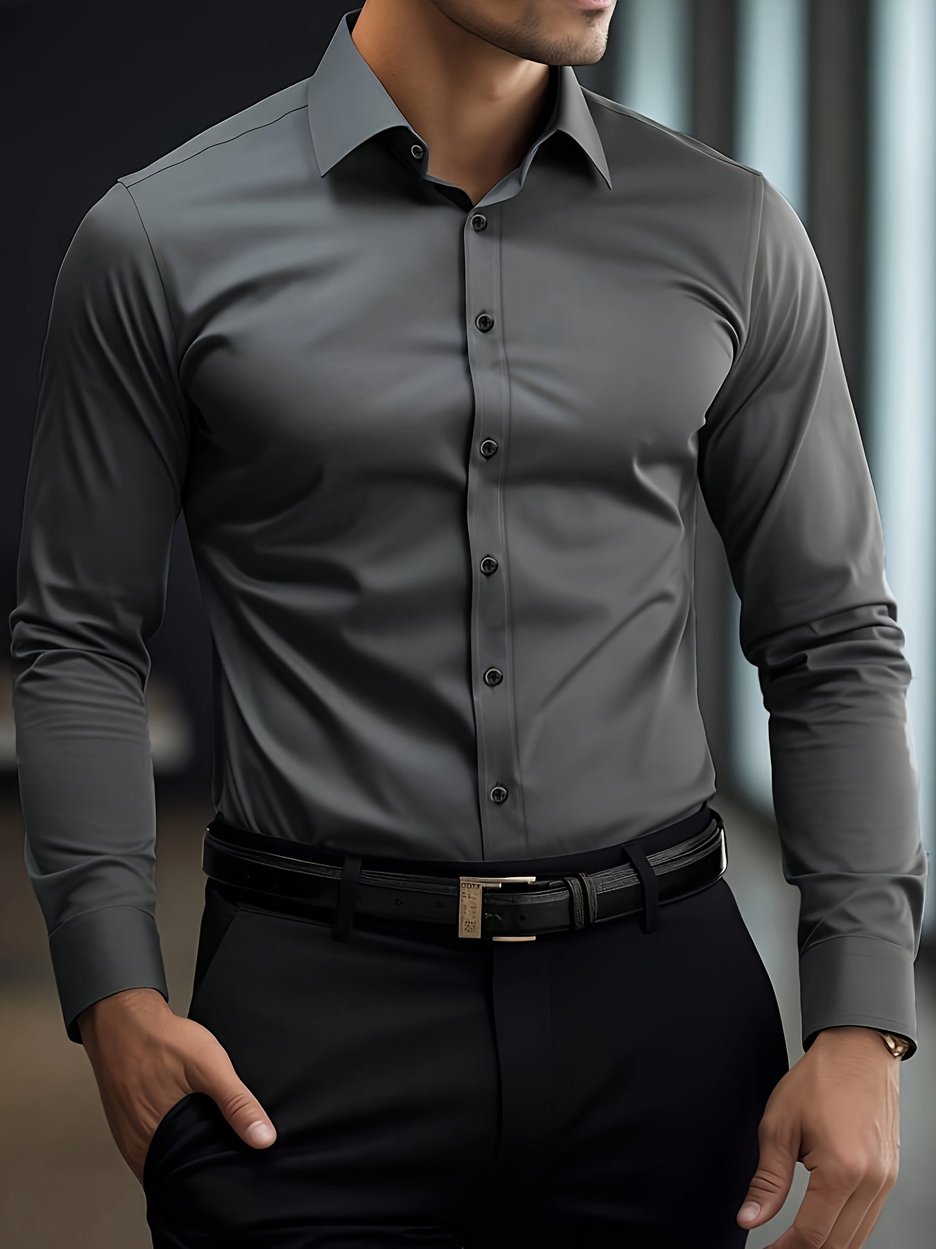 Men's Wrinkle-Free Long Sleeve Dress Shirt - Business Formal & Casual Button-Up Shirt in Black, Machine Washable Office Work Attire for All Seasons - Professional & Casual Attire, Long Sleeve Tops for Work, Workwear Essential
