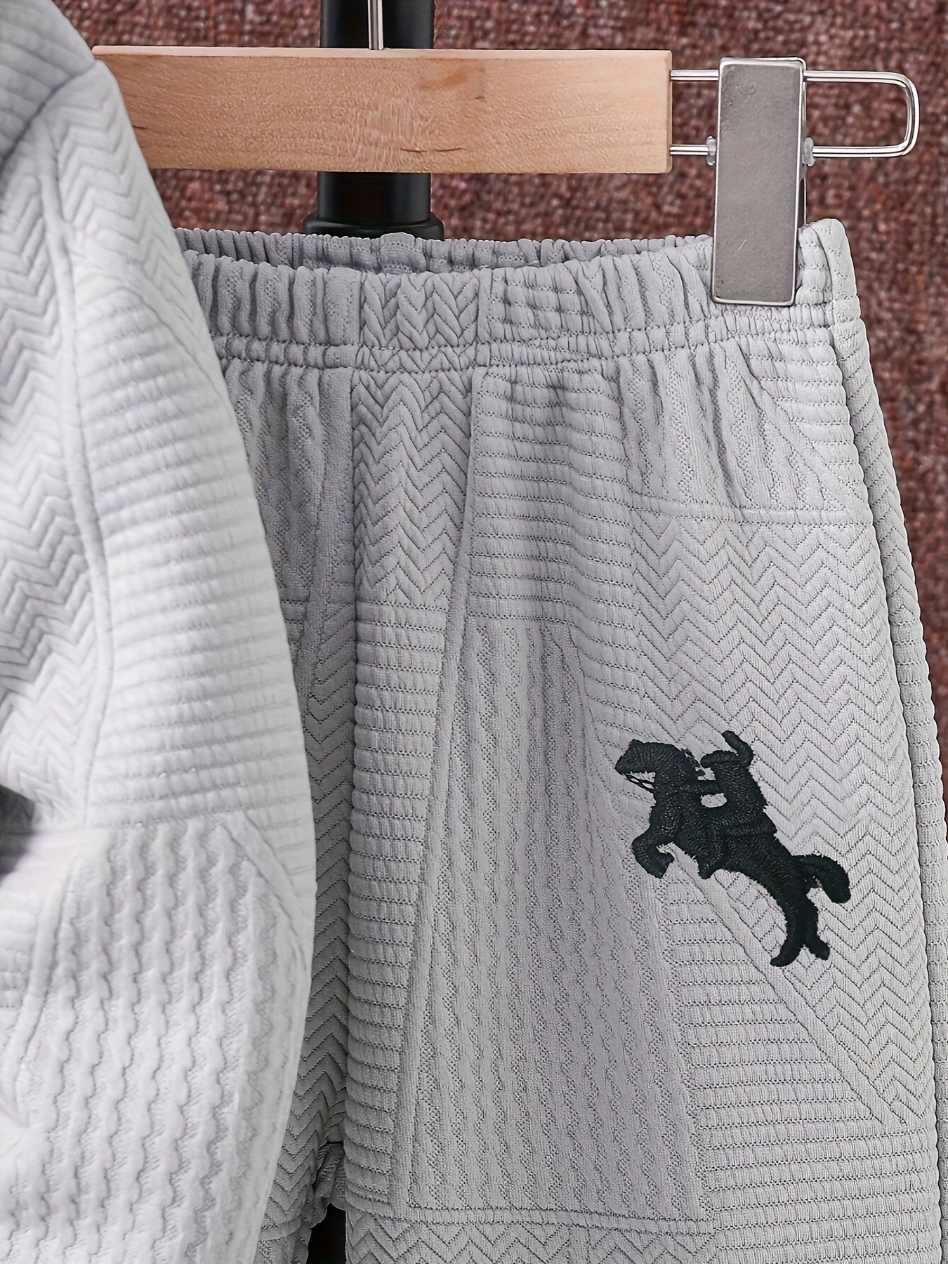 2pcs Boys' Casual Outfit Set, Long Sleeve Hooded Jacket with Embroidery and Zipper, Geometric Pattern Knit Pants, Polyester with Spandex Lining, Regular Fit for Autumn/Winter, for Outdoor