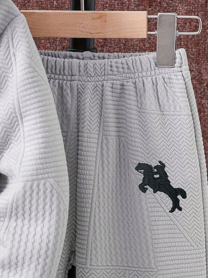 2pcs Boys' Casual Outfit Set, Long Sleeve Hooded Jacket with Embroidery and Zipper, Geometric Pattern Knit Pants, Polyester with Spandex Lining, Regular Fit for Autumn/Winter, for Outdoor