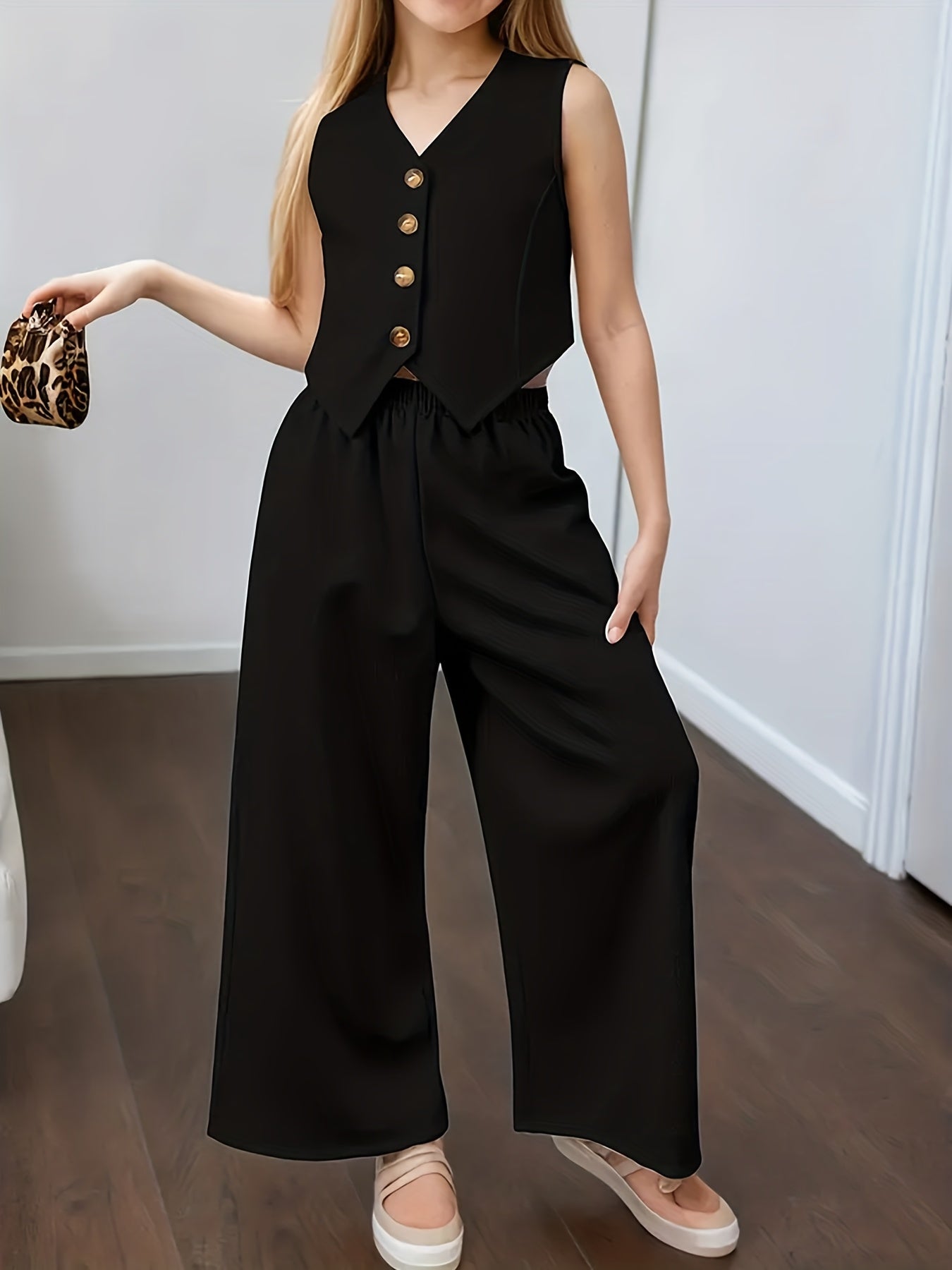 Girls' Summer Sleeveless Vest & Wide-Leg Pants Set