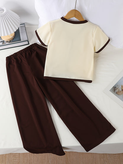 Girls' Casual Two-Piece Set: Color Block V-Neck Shirt & Pants