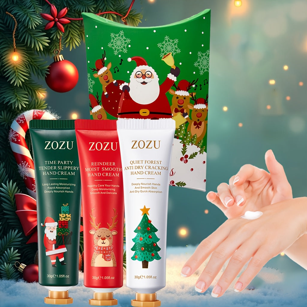 ZOZU Holiday Hand Cream Set of 3: Christmas Combination Hand Cream Gift Box, Merry Christmas Pattern (Santa Claus, Reindeer, Tree) - Moisturizing, Softening, Anti-Crack Formula, 30g Portable Pack, Suitable for Men and Women,