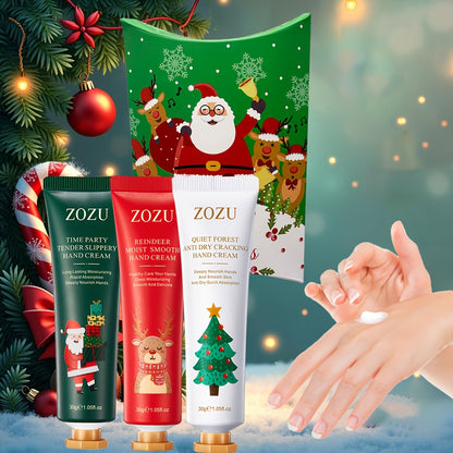 ZOZU Holiday Hand Cream Set of 3: Christmas Combination Hand Cream Gift Box, Merry Christmas Pattern (Santa Claus, Reindeer, Tree) - Moisturizing, Softening, Anti-Crack Formula, 30g Portable Pack, Suitable for Men and Women,