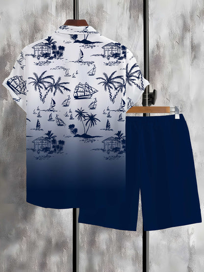 Men's 3D Printed Lapel Casual Shirt and Shorts Set