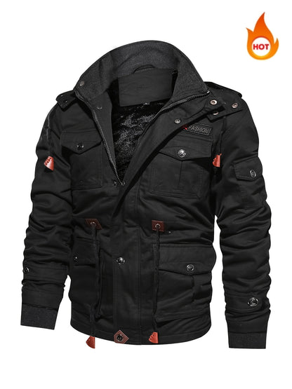 Men'S Winter Fleece-Lined Military-Style Jacket - Thickened Zip-Up Coat with Large Pockets, Olive Green Casual Winter Coat for Outdoor Activities, Winter Coats, Durable Fabric Coat