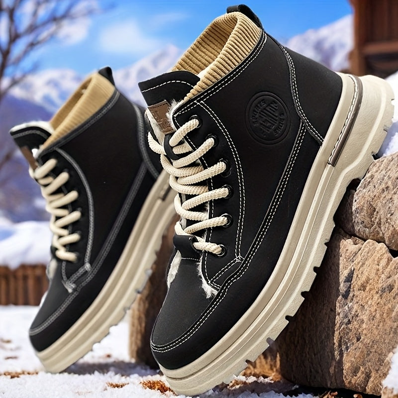 Men's Snow Boots with Lining, Thickened Outdoor Hiking Boots, Trendy Versatile Work Boots, British Short Boots